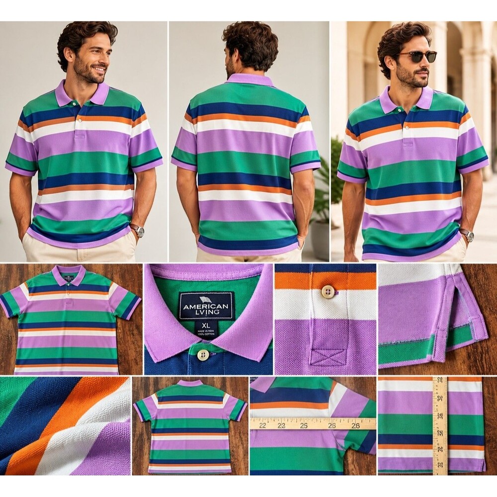 American Living Men XL Striped Polo Collare Shirt Cotton Retro Preppy Nautical